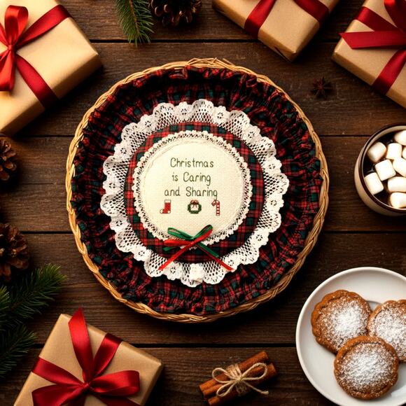 Vintage 1987 Christmas Needlepoint Wall Basket Christmas is Caring and Sharing - Picture 1 of 9